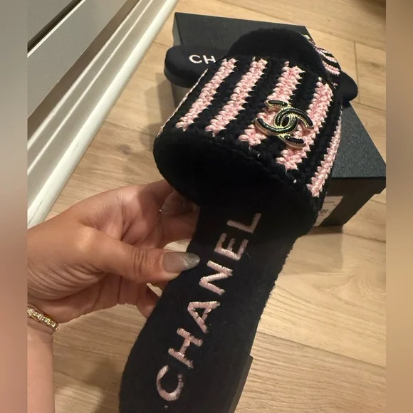 CHANEL Black and Pink crochet Striped Slides - Picture 3 of 7